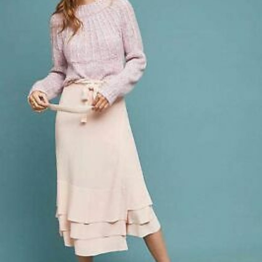 Anthropologie Blush Tiered Midi Skirt with Tie Waist